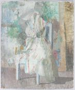 JANE DOWLING (1925-2023) striped dress on a chair, oil on board, exhibition label verso, unframed,