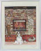 PENNY COX (20TH CENTURY) King Charles Spaniel and puppy at a fireside, ink and watercolour, signed