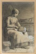 ATTRIBUTED TO JEAN FRANCOIS MILLET (1814-1875) seated woman carding wool, charcoal heightened with