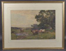 ROBERT THORNE WAITE (1842-1935) Landscape with grazing cattle and the sea beyond, watercolour,