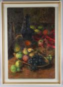 J WHITE (20TH CENTURY) still life of a bottle and a bowl of fruit, oil on board, artists label