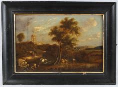ALFRED VICKERS (1786-1868) cattle grazing with church tower in the distance, oil on canvas, 29cm x