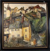 ROBERT HILL (1932-1990) hillside buildings, oil on board. 121cm x 121cm