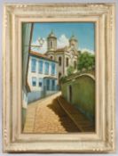 SPANISH SCHOOL (20TH CENTURY) view of buildings on a cobbled street, oil on canvas, signed