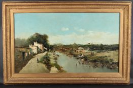 P MOYA (SPANISH) view of a river with a city (Madrid?) beyond, oil on canvas, signed and dated '92