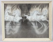 2OTH CENTURY SCHOOL allegorical scene of figures and four white horses, chalk and charcoal, 47cm x