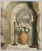 20TH CENTURY SCHOOL vase of flowers and a pair of candlesticks in an alcove, oil on canvas, signed