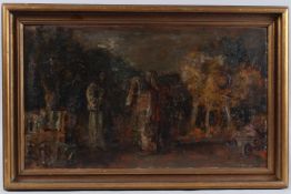 20TH CENTURY SCHOOL 'The Meeting in the Garden' Christ and two figures in a garden,, oil on board,