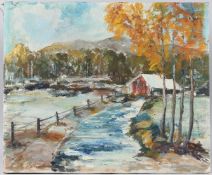 NORTH AMERICAN SCHOOL (20TH CENTURY) winter landscape with barn, oil on canvas, unframed, 51cm x