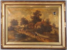 CHARLES VICKERS (1821-1895) figures on a path with a watermill, oil on canvas, signed, 50cm x 76cm