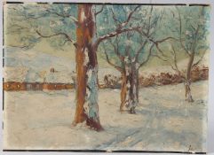 RUSSIAN SCHOOL (LATE 19TH EARLY 20TH CENTURY) snow covered buildings and trees, oil on board, French