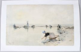 HENRI ZUBER (1844-1909 women washing on a riverbank, watercolour, signed and dated '83, unframed,