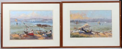 WILLIAM DAVIES South East Asia scenes of fishing boats, pair of oils on canvas boards, signed,