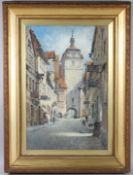CONTINENTAL SCHOOL (19TH CENTURY) view along a street with clock tower, possibly Rothenberg, Germany