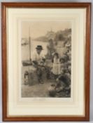 AFTER JOHN R REID (19TH CENTURY) scene of an old fisherman with children on a Cornish harbour,