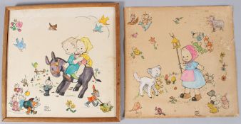 MABEL LUCIE ATTWELL Children on a donkey surrounded by toytown figures, ink and watercolour, signed,