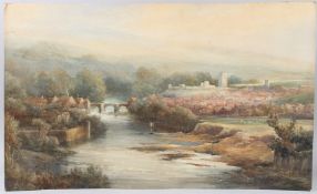 FREDERICK WILLIAM BOOTY (1840-1924) view of anglers in a river with castle and town in the distance,