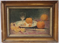 20TH CENTURY SCHOOL still life of wine glass and oranges, oil on board, 18cm x 28cm