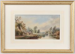 ENGLISH SCHOOL (19TH CENTURY) river scene with people fishing and boating, watercolour, 20cm x 36.