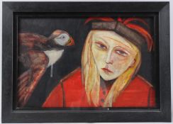 JOYCE CAIRNS (b.1947) 'Night Puffin' oil on board, signed, 30cm x 45cmj