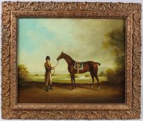 ENGLISH SCHOOL (19TH CENTURY) Portrait of the owner and racehorse in landscape. oil on canvas,