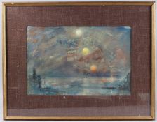 20TH CENTURY SCHOOL Impressionistic seascape with three setting suns, watercolour, 34cm x 51cm