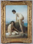 CONTINENTAL SCHOOL Two nudes on a rock, coloured print, 75cm x 49cm