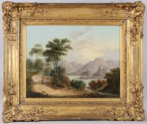 CIRCLE OF ALEXANDER NASMYTH travellers on a loch side track, oil on canvas, 37cm x 47cm