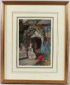 DAVID WOODCOCK (1842-1929) woman sewing at the porch of a country cottage, oil on board, signed,