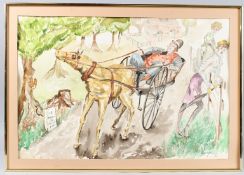 ERIC HOLDEN Gentleman in a pony and trap passing two elegant ladies, watercolour, signed and dated