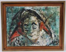 20TH CENTURY SCHOOL portrait of a clown, oil on canvas, signed indistinctly, 23cm x 31cm