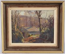 DENYS LAW (1907-1981) View of a cottage in woodland, oil on board, signed 19cm x 24cm