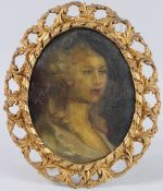 19TH CENTURY SCHOOL head and shoulder portrait of a woman, oil on board, in oval gilt frame, 25cm