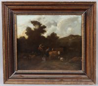 DUTCH SCHOOL sheep and cattle drovers on a pathway oil on canvas, signed with initials AB 39cm x