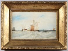 MARITIME SCHOOL (LATE 19TH EARLY 20TH CENTURY) ships off a chalk cliff headland, oil on board,