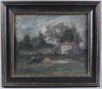 GEORGE WEISSBORT (1928-2013) 'Farmer infront of House' oil on board, signed, 32cm x 39.5cm