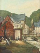 CONTINENTAL SCHOOL (20TH CENTURY) village scene with women washing by a river, oil on board, 49cm