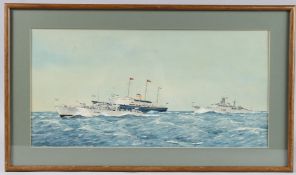 COMMANDER ERIC ERSKINE TUFNELL The Royal Yacht at sea with military escorts, watercolour
