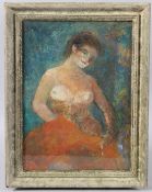 20TH CENTURY SCHOOL Female nude holding an orange cloth, oil on board, 37cm x 27cm