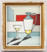 BROWN (20TH CENTURY) Modernist style still life of a cocktail glass and jug, oil on canvas, signed