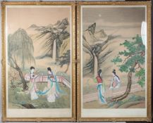 CHINESE SCHOOL pair of paintings on silk mountain landscapes with foregrounds of women in gardens,