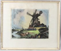 JAMES PRIDDEY (1916-1980) Norfolk windmill coloured etching inscribed and signed in pencil, 35.5cm x