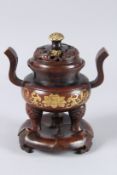 A CHINESE BRONZE CENSER WITH STAND decorated with gold patterns, possibly from late Qing Dynasty