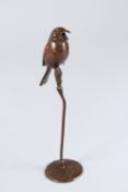 A JAPANESE OKIMONO BRONZE BIRD on a stand. 6ins high.