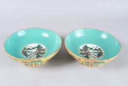 A PAIR OF YELLOW GROUND CIRCULAR DISHES, the centres with mountainous scenes. 8.5ins diameter.