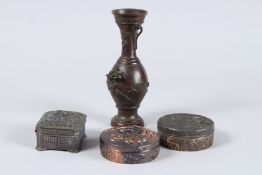 THREE SMALL JAPANESE METAL BOXES and a vase (4).