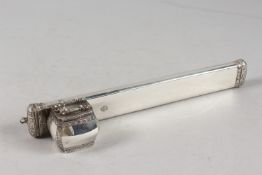 A FINE 19TH CENTURY OTTOMAN SIGNED WHITE METAL PENBOX, with inkwell, with two stamped signatures,
