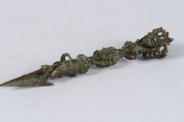 A TIBETAN BRONZE DAGGER / PHURBA. 7.5ins long.