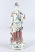 A GOOD LARGE CHINESE POTTERY FIGURE OF A STANDING BUDDHA, one arm to their side, the other holding a