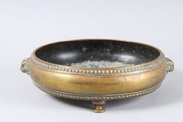 A VERY GOOD EARLY CHINESE LARGE CIRCULAR BRONZE CENSER with beaded rim and lion mounts, on three pad